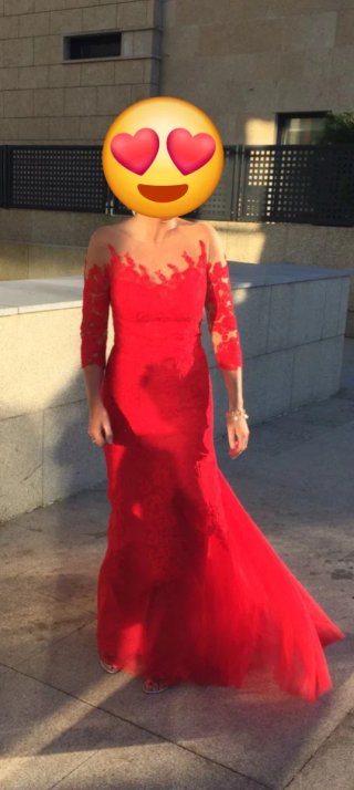 Vestido fiesta rojo cocktail largo encaje