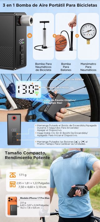 Mini Bomba Inflador Bicicleta Electrico MAX 130PSI