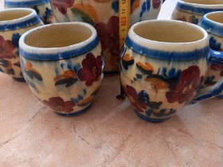 Jarra y 6 tazas cerámica pintadas a mano