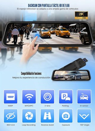CAMECHO Dash Cam 9.66'' 2K Triple Cámara WiFi