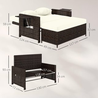 Sofá de Jardín Componible con Banco, Muebles de Jardín de Rattan Marrón, Set de 2 Piezas Ahorra Espacio