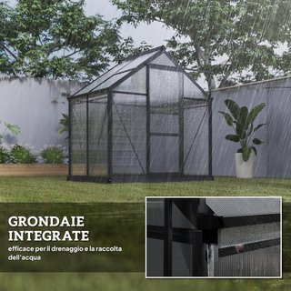 Invernadero de Jardín de Policarbonato con Estructura de Aleación de Aluminio 2.51㎡, Invernadero con Canalones, Ventana en el Techo para Ventilación, Puerta Corredera, para Plantas, 190X132X201Cm,...