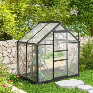 Invernadero de Jardín de Policarbonato con Estructura de Aleación de Aluminio 2.51㎡, Invernadero con Canalones, Ventana en el Techo para Ventilación, Puerta Corredera, para Plantas, 190X132X201Cm,...