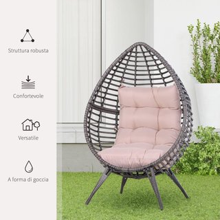 Sillón de Exterior de Rattan con Cojín Gris y Beige Forma de Gota Estilo Boho Chic 101X89X156Cm