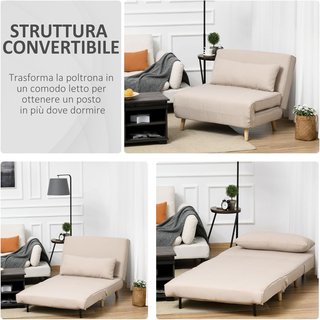 Sillón Cama 3 en 1 Con Respaldo Reclinable en 6 Posiciones y 4 Patas Plegables, Sillón Cama Individual en Tejido Efecto Lino Transpirable, 94X78X80 Cm, Beige