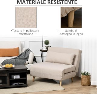 Sillón Cama 3 en 1 Con Respaldo Reclinable en 6 Posiciones y 4 Patas Plegables, Sillón Cama Individual en Tejido Efecto Lino Transpirable, 94X78X80 Cm, Beige