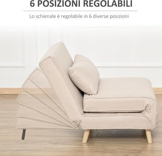 Sillón Cama 3 en 1 Con Respaldo Reclinable en 6 Posiciones y 4 Patas Plegables, Sillón Cama Individual en Tejido Efecto Lino Transpirable, 94X78X80 Cm, Beige
