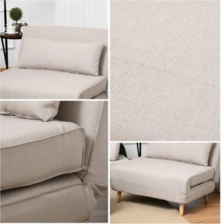 Sillón Cama 3 en 1 Con Respaldo Reclinable en 6 Posiciones y 4 Patas Plegables, Sillón Cama Individual en Tejido Efecto Lino Transpirable, 94X78X80 Cm, Beige