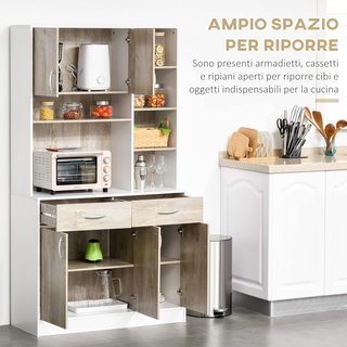 Mueble Buffet Alacena Cocina, Puertas Cajones Y Compartimentos Abiertos, 100L X 39P X 181.5Acm Blanco Y Madera