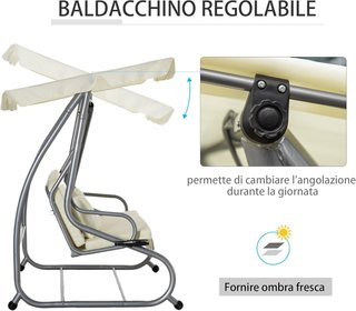 Columpio de Jardín convertible en Cama de Columpio, Columpio de 3 Plazas en Acero y Poliéster con Techo Regulable y 2 Portavasos, 200x120x164 cm, Crema