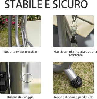 Columpio de Jardín convertible en Cama de Columpio, Columpio de 3 Plazas en Acero y Poliéster con Techo Regulable y 2 Portavasos, 200x120x164 cm, Crema