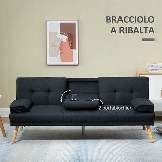 Sofá Cama de 3 Plazas Reclinable con 2 Brazos Desmontables, Sofá de 3 Plazas Acolchado Transformable en Tela y Madera con Portavasos para Sala de Estar y Salón, 181X77X78 Cm, Gris Antracita