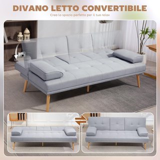 Sofá Cama de 3 Plazas Estilo Escandinavo Reclinable con 2 Brazos Extraíbles en Tela, Patas de Madera y Mesa Plegable Gris