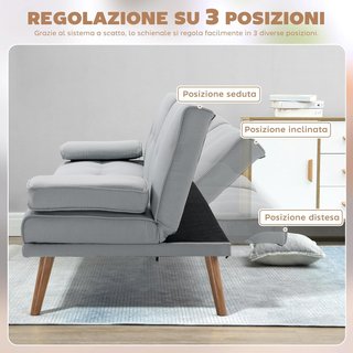 Sofá Cama de 3 Plazas Estilo Escandinavo Reclinable con 2 Brazos Extraíbles en Tela, Patas de Madera y Mesa Plegable Gris