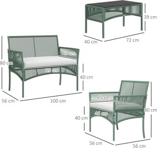 Conjunto de Jardín de Rattan de 4 Piezas, Conjunto de Exterior con 2 Sillas de Exterior, Sofá de Jardín y Mesa de Jardín, Verde y Negro