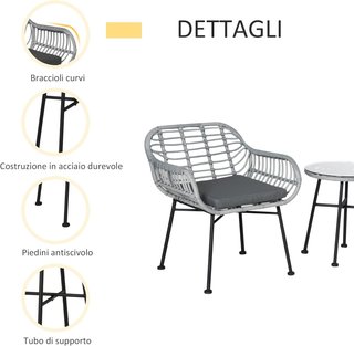 Conjunto de Muebles de Jardín de 3 Piezas en Rattan PE, Salón de Exterior con 2 Sillas y Mesa con Tapa de Vidrio para Terraza y Bistro, Gris
