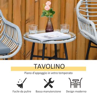 Conjunto de Muebles de Jardín de 3 Piezas en Rattan PE, Salón de Exterior con 2 Sillas y Mesa con Tapa de Vidrio para Terraza y Bistro, Gris