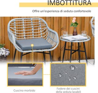 Conjunto de Muebles de Jardín de 3 Piezas en Rattan PE, Salón de Exterior con 2 Sillas y Mesa con Tapa de Vidrio para Terraza y Bistro, Gris