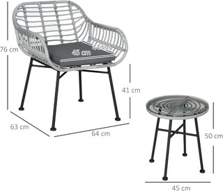 Conjunto de Muebles de Jardín de 3 Piezas en Rattan PE, Salón de Exterior con 2 Sillas y Mesa con Tapa de Vidrio para Terraza y Bistro, Gris