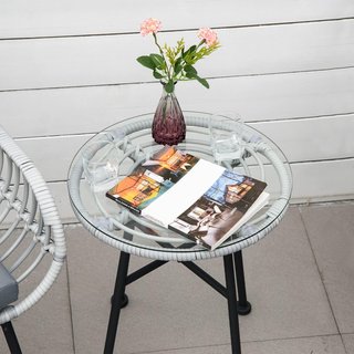 Conjunto de Muebles de Jardín de 3 Piezas en Rattan PE, Salón de Exterior con 2 Sillas y Mesa con Tapa de Vidrio para Terraza y Bistro, Gris