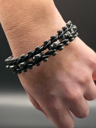 Bracciale Skull Bead Pelle Intrecciata