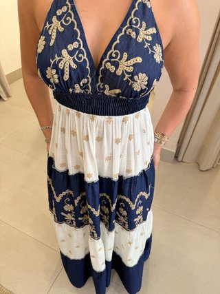 Vestido Ibicenco Boho Azul Marino y Blanco