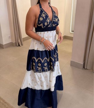 Vestido Ibicenco Boho Azul Marino y Blanco