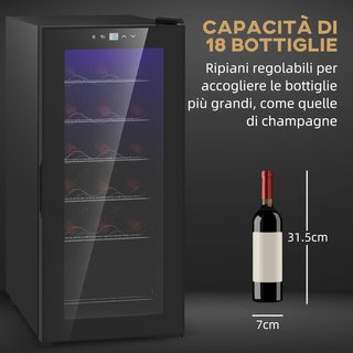 Cantinetta Vino Refrigerata per 18 Bottiglie, Cantina Frigo Vino Anti-UV a Zona Singola con Temperatura Controllata 5-18°, Schermo Touch, Luci LED, Ripiani Regolabili, Porta in Vetro, 34.5X45X78Cm
