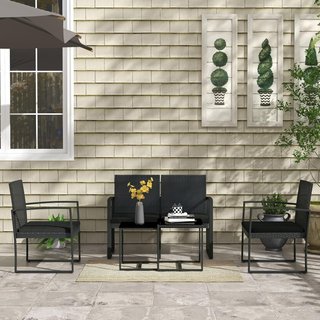 Conjunto De Jardín De 5 Piezas Con 2 Sillas, Sofá Y 2 Mesas, Muebles De Jardín Con Asientos Y Cojines Y Mesa De Cristal, Negro