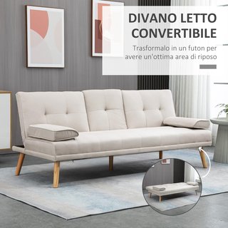 Sofá Cama de 3 Plazas Reclinable con 2 Brazos Desmontables, Sofá de 3 Plazas Acolchado Transformable en Tela y Madera con Portavasos para Sala de Estar y Salón, 181X77X78 Cm, Beige