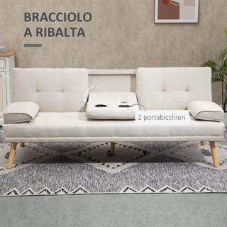 Sofá Cama de 3 Plazas Reclinable con 2 Brazos Desmontables, Sofá de 3 Plazas Acolchado Transformable en Tela y Madera con Portavasos para Sala de Estar y Salón, 181X77X78 Cm, Beige
