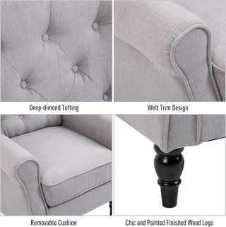 Sillón de Dormitorio Estilo Francés con Amplio Asiento, Silloncito de Dormitorio Acolchado con Brazos y Relleno, con Patas de Madera para Sala de Estar y Oficina, Gris