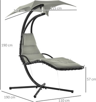 Silla Colgante de Jardín con Techo Orientable a Prueba de UV, Silla de Balanceo Colgante Acolchada para Exterior, Gris 190X115X190 Cm