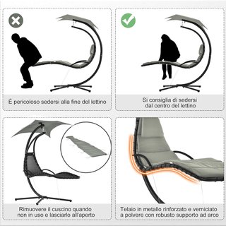 Silla Colgante de Jardín con Techo Orientable a Prueba de UV, Silla de Balanceo Colgante Acolchada para Exterior, Gris 190X115X190 Cm