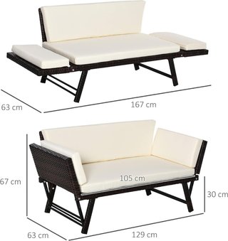 Sofá de 2 Plazas con Brazos Extensibles de Jardín Rattan 129X63X67Cm Blanco, Marrón