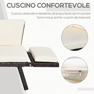 Sofá de 2 Plazas con Brazos Extensibles de Jardín Rattan 129X63X67Cm Blanco, Marrón