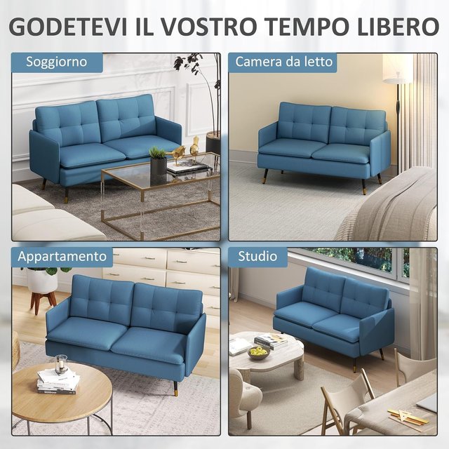 Sofá de 2 Plazas en Tejido Efecto Lino con Brazos y Cojines Acolchados, Sofá Moderno de 2 Plazas con Patas de Acero, para Oficina, Sala de Estar, Salón y Dormitorio, 139X68X80 Cm, Azul