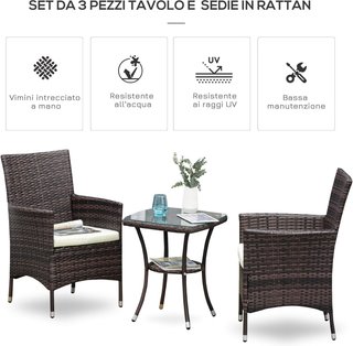 Conjunto Muebles Jardín Rattan Conjunto Mobiliario Jardín 3Pz Mesa Con 2 Sillas Con Cojines Marrón