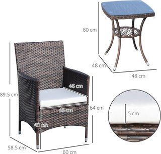 Conjunto Muebles Jardín Rattan Conjunto Mobiliario Jardín 3Pz Mesa Con 2 Sillas Con Cojines Marrón