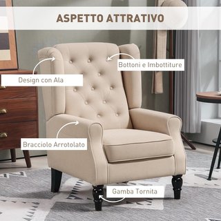 Sillón de Dormitorio Estilo Francés con Amplio Asiento, Silloncito de Dormitorio Acolchado con Brazos y Relleno, con Patas de Madera para Sala de Estar y Oficina, Beige