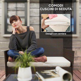 Conjunto De Muebles De Jardín De Rattan 4 Piezas, Salón De Exterior Con Sofá De 2 Plazas, 2 Sillones, Mesa De Café Con Tapa De Cristal Y Cojines Lavables, Estructura De Acero, Beige Y Marrón
