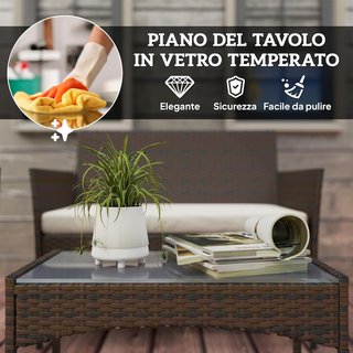 Conjunto De Muebles De Jardín De Rattan 4 Piezas, Salón De Exterior Con Sofá De 2 Plazas, 2 Sillones, Mesa De Café Con Tapa De Cristal Y Cojines Lavables, Estructura De Acero, Beige Y Marrón