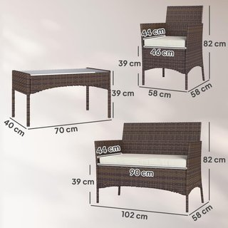 Conjunto De Muebles De Jardín De Rattan 4 Piezas, Salón De Exterior Con Sofá De 2 Plazas, 2 Sillones, Mesa De Café Con Tapa De Cristal Y Cojines Lavables, Estructura De Acero, Beige Y Marrón