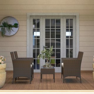 Conjunto De Muebles De Jardín De Rattan 4 Piezas, Salón De Exterior Con Sofá De 2 Plazas, 2 Sillones, Mesa De Café Con Tapa De Cristal Y Cojines Lavables, Estructura De Acero, Beige Y Marrón