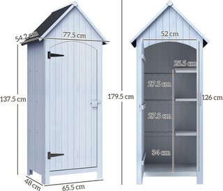 Cobertizo para Herramientas de Jardín de Madera de Abeto con 3 Estantes, Caseta de Herramientas de Jardín con Techo Inclinado Impermeable para Terraza Patio, 77.5X54.2X179.5 Cm, Blanco