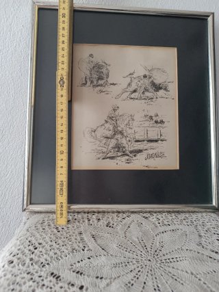 Cuadro antiguo plumilla tema taurino Domínguez