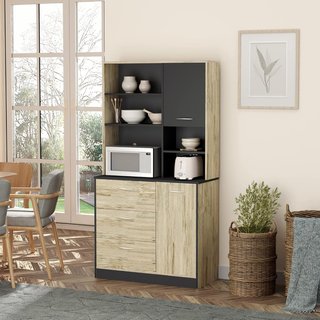 Mueble de Cocina Credenza Moderna Ahorra Espacio Con 2 Armarios 3 Cajones 3 Estantes Madera 90 X 39 X 169Cm Color Roble Claro