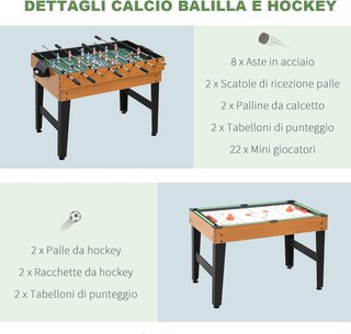 Mesa de Juego Multifuncional 4 en 1 con Billar, Ping Pong, Futbolín y Hockey de Mesa, Mesa Multijuego con Accesorios, en MDF y Acero, 107X61X84.5Cm