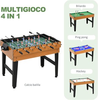 Mesa de Juego Multifuncional 4 en 1 con Billar, Ping Pong, Futbolín y Hockey de Mesa, Mesa Multijuego con Accesorios, en MDF y Acero, 107X61X84.5Cm