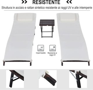 Set de 2 Tumbonas Plegables, Sillas de Jardín de Rattan con Cojines Extraíbles Lavables y Mesa Plegable, Crema